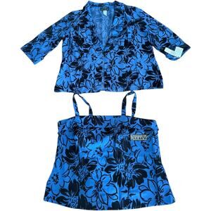 NWT Alex Evenings Chiffon V-Neck 3/4 Illusion Sleeve Twinset blue black 2X